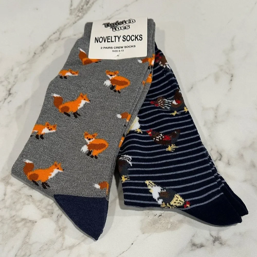 Twisted Toes Crew Socks Mens 8-13 NEW 2 Pair Fox Chickens Rooster Novelty Socks